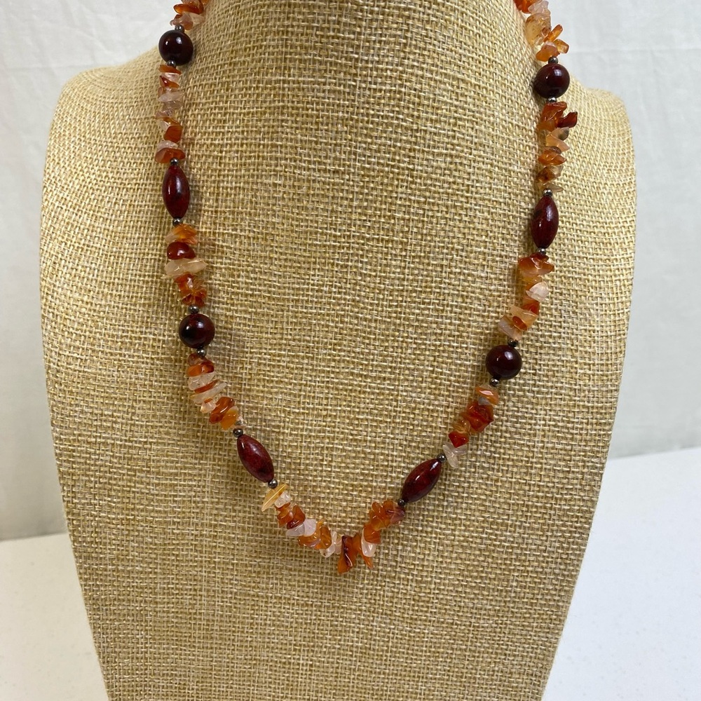 Sterling Silver CARNELIAN Polished Chips And Beads Single Strand Necklace 18”